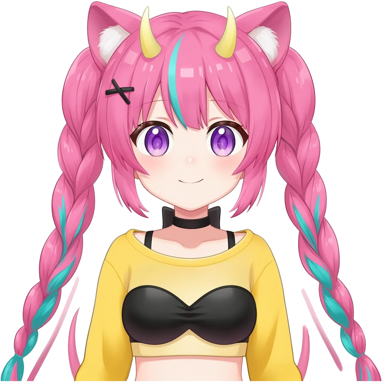 En anime-ku-jente med to rosa lange tykke fletter og cyan striper i håret, horn, og ku-ører, sort BH-topp over en gul cropped-fleece-blouse, lilla øyne, søt sløyfe på halsen  emoji