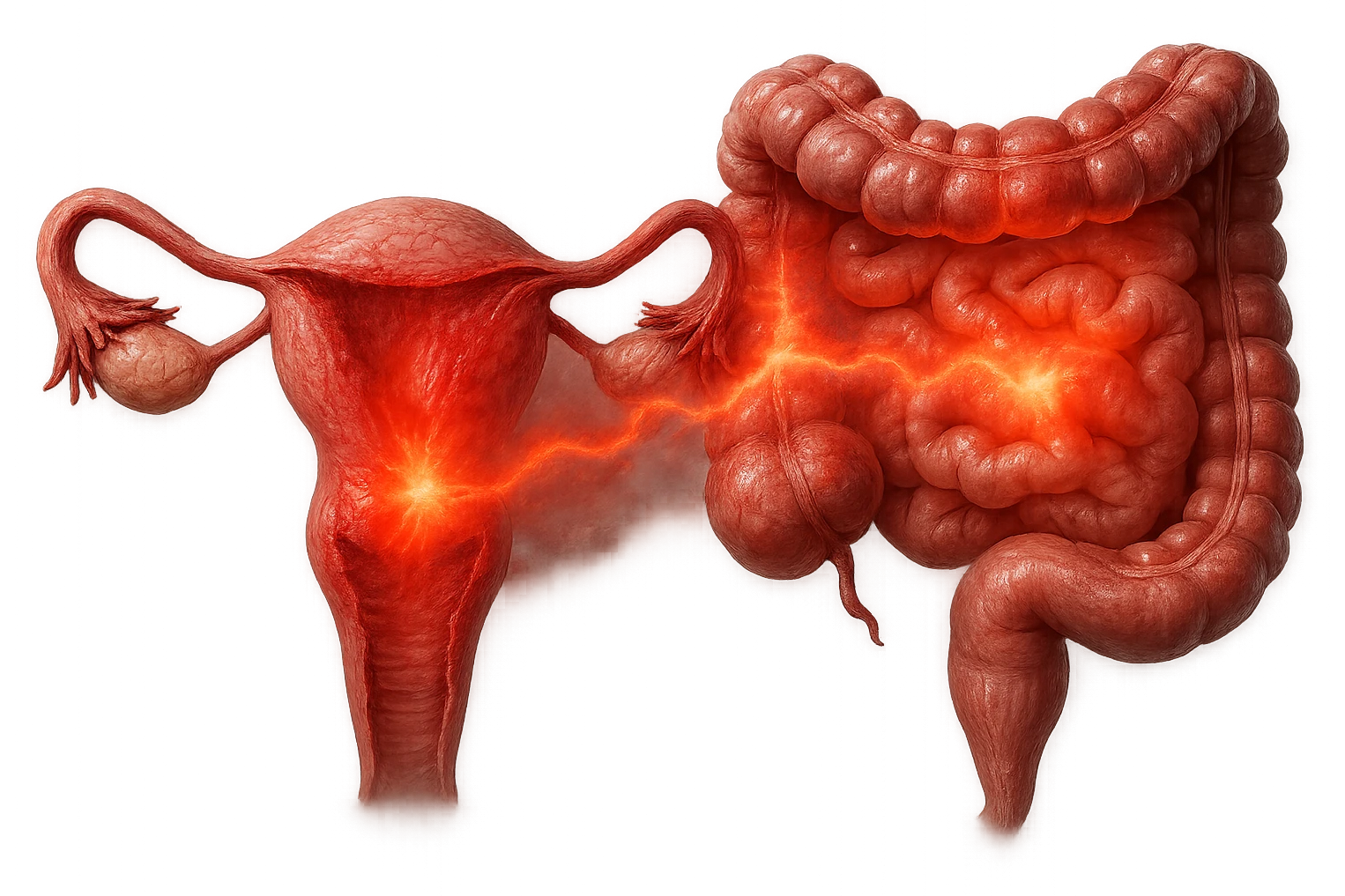 utero umano anatomico iperrealistico e intestino umano anatomico iperrealistico hanno in comune il dolore e l'infiammazione, rendi bene il collegamento tra i due organi doloranti, falla iperrealistica, non disegnata emoji