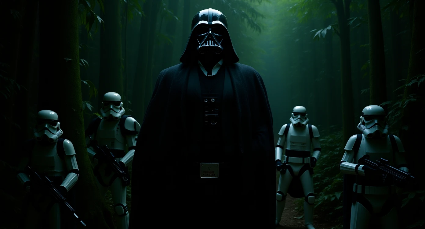 cinematic still, Closeup shot, amazon jungle, Darth Vader around stormtroopers is exploring the jungle, inspired by StarWars movie, captured by arri alexa emoji
