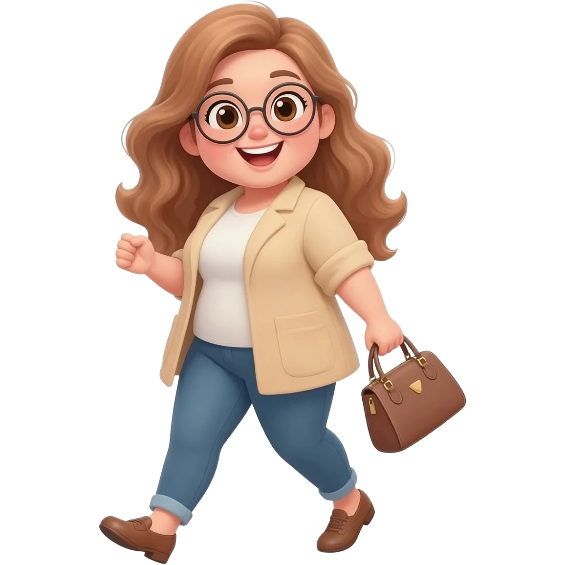 detailed emoji illustration of a curvy woman with long light brown wavy hair, light brown eyes and round glasses walking to a bookstore, carrying a handbag, happy and excited expression, cute emoji style illustration emoji