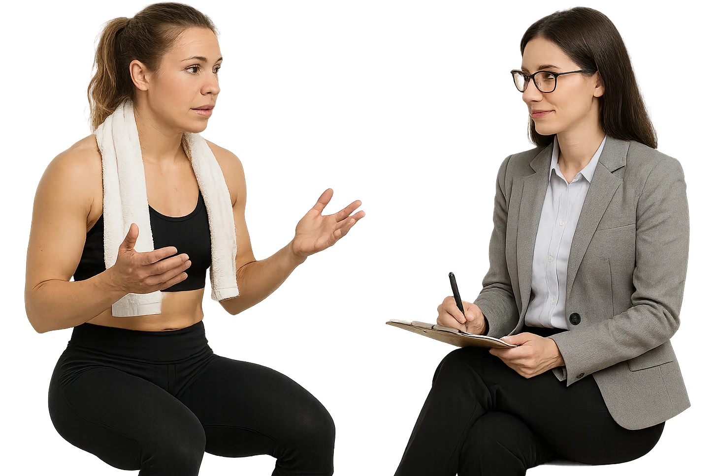 donna fitness parla con uno psicologo, sfondo bianco emoji