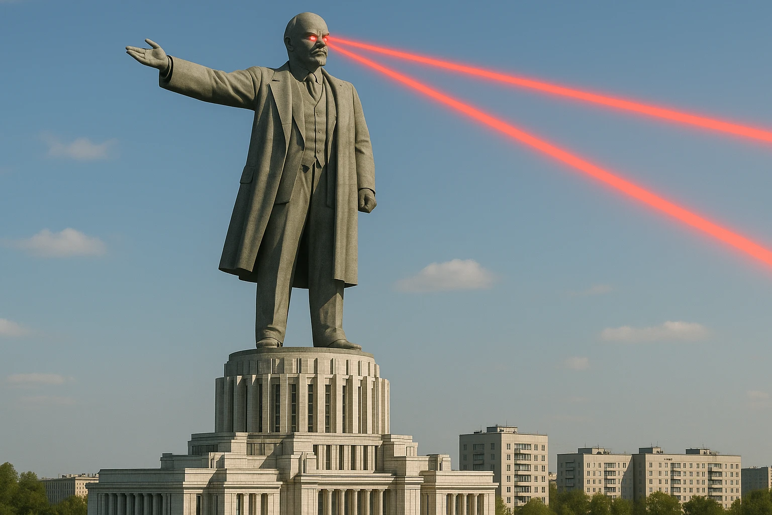 Дворец Советов, основной упор на 100-метровую фигуру Ленина, у которой из глаз вылетают 2 луча прожектора красного цвета.

На фоне можно поставить обычные пятиэтажки-панельки, которые в 20 раз меньше Дворца Советов

Стиль фото реализм, обычный солнечный день  emoji