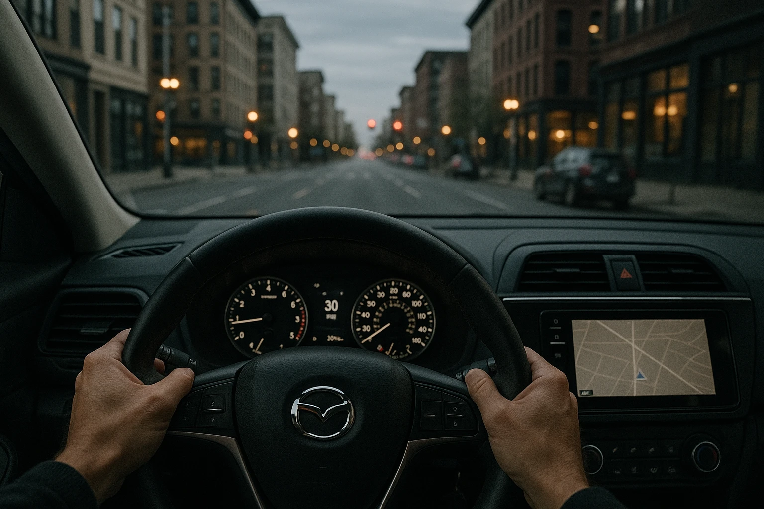 first person view of driving a car, hands gripping steering wheel, city street ahead, dashboard details emoji