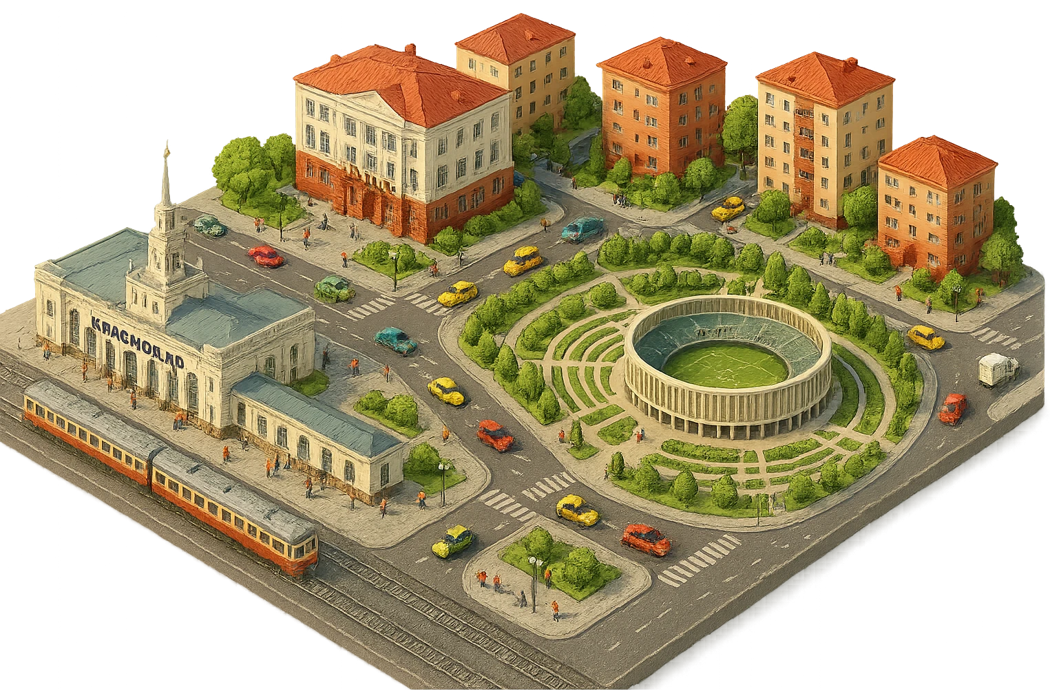 Изометричная миниатюрная фотореалистичная 3D модель панорамы Краснодара - вокзал Краснодар, КубГМУ, парк Краснодар со стадионом, краснодарские дома, автотранспорт четкие линии, яркие цвета, мультяшный реализм, люди, автотранспорт, компактная композиция, вид сверху в изометрии, прозрачный фон emoji
