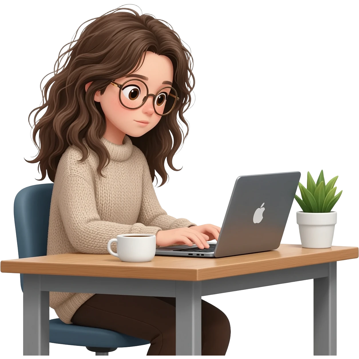 small-eyed girl with messy long  hair and glasses working from home  on PC half body and front view profile emoji
