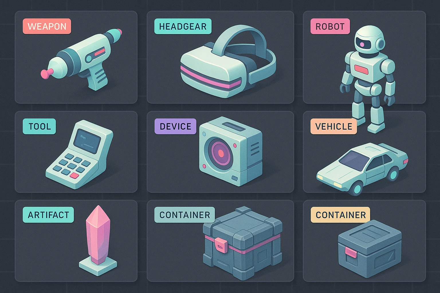 a virtual display, a gray grid with darker gray cells, each cell containing an item viewed in isometric minimalism render The cells have pastel neon colored labels in their upper corner, indicating various traits of the items. retrofuturism, circa 2880's emoji