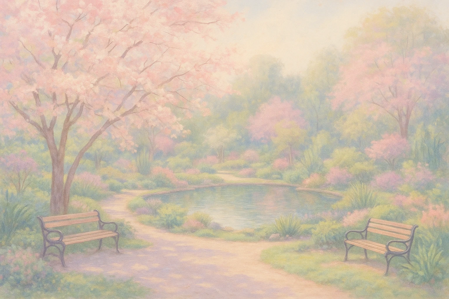 A peaceful botanical garden with blooming trees, benches, and a pond, soft colors emoji