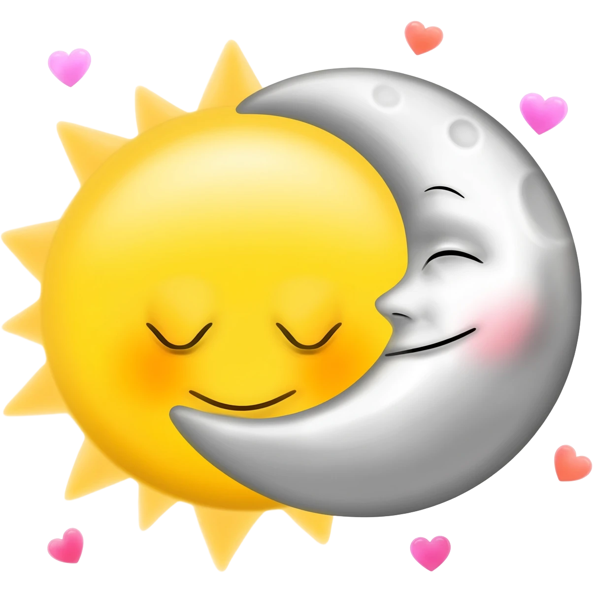A sun and moon hugging.Let it smile with hearts around emoji