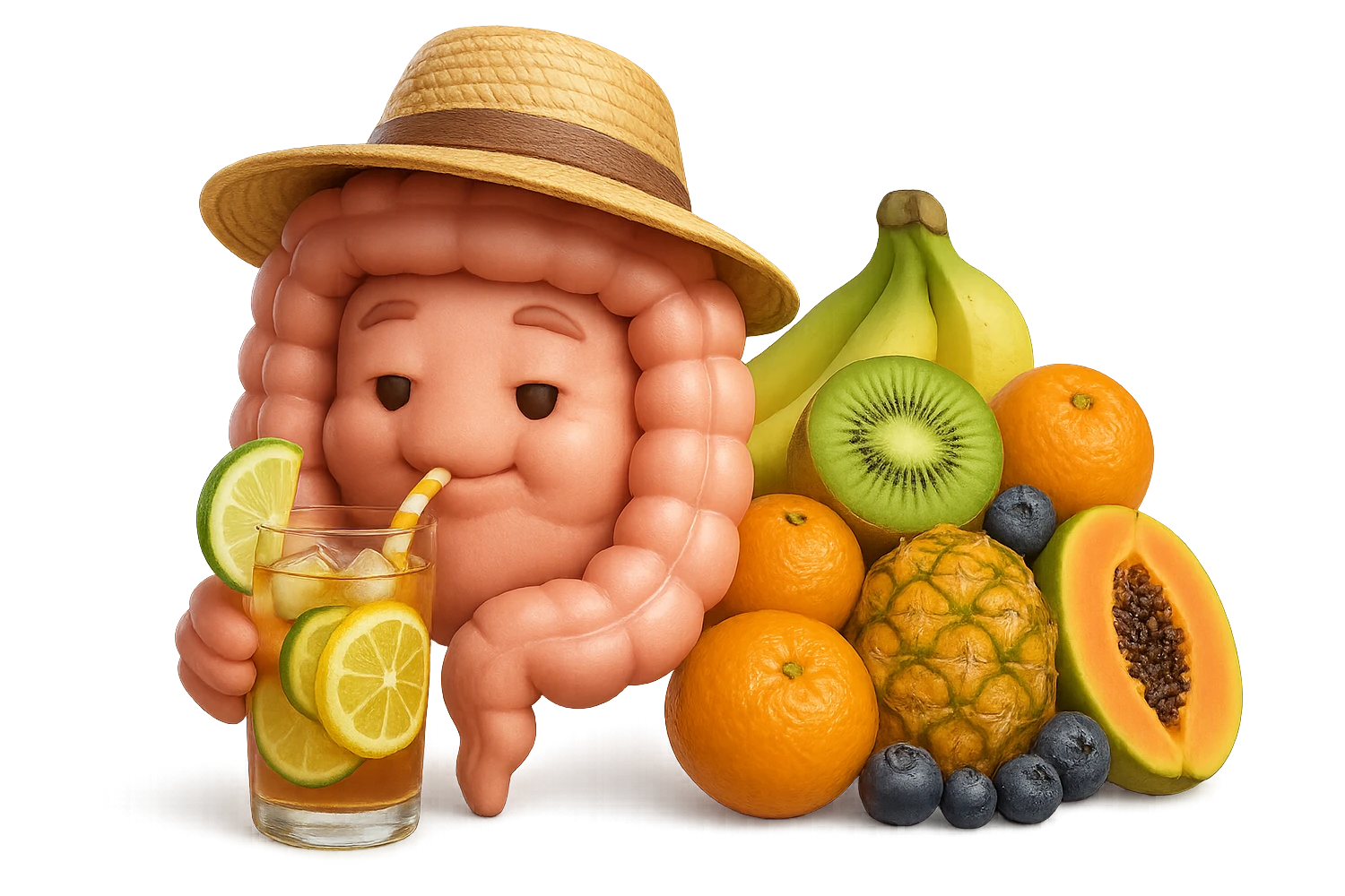 EMOJI STILE IPHONE DI INTESTINO UMANO REALISTICO CON CAPPELLO DI PAGLIA DA SPIAGGIA CHE BEVE UN Tè FREDDO IN BICCHIERE DI VETRO CON DENTRO  fette di cetriolo, limone, lime, DIETRO L'INTESTINO C'è UNA MONTAGNA DI PEZZI DI FRUTTA: Kiwi
Banana acerba
Arance e mandarini
Mirtilli
Ananas
Papaya
IPERREALISTICO 4K emoji