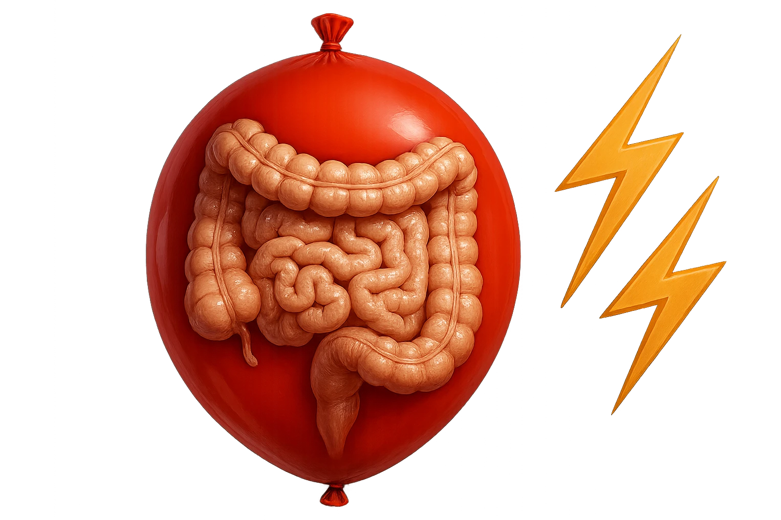 intestino umano anatomico chiuso in un palloncino rosso che simboleggia gonfiore, accanto simboli di fulmini e che simboleggiano "dolore", iperrealistico 4k emoji
