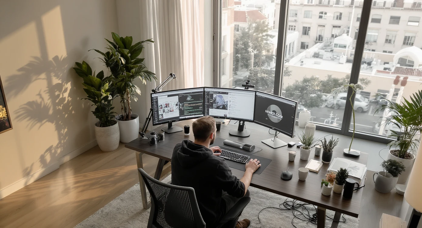 Cinematic shot of a creative director work on tripple display setup PC, top dutch angle, Warm bright vibe, modern clean expensive huge room minimalistic apartament, model is dress like designer, morning, big window, captured on arri alexa emoji