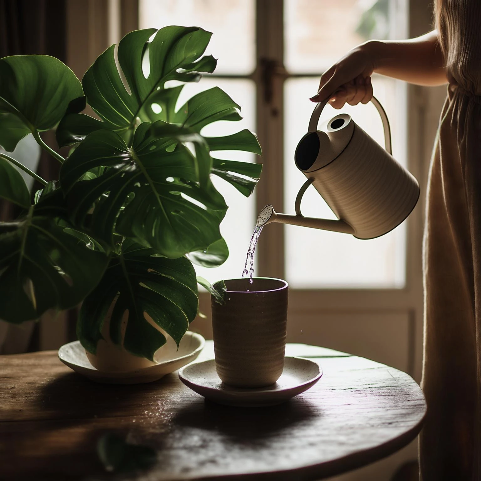 woman watering her monstera plant emoji
