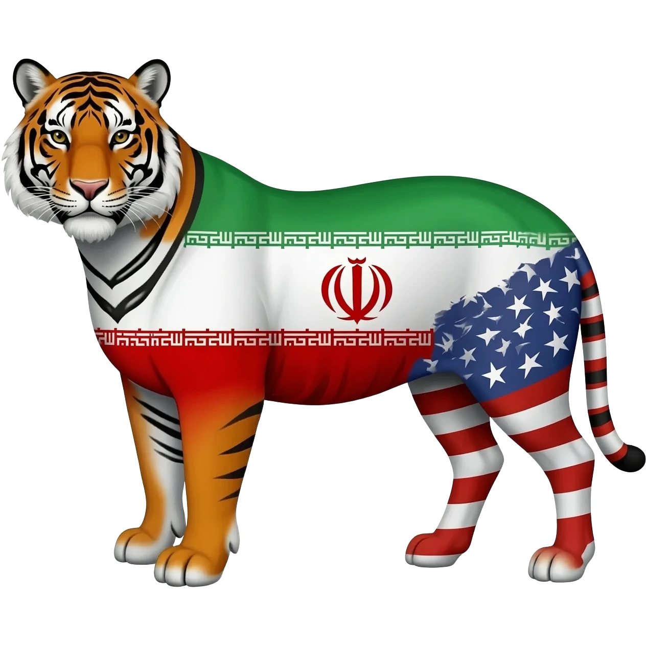 Un tigre pintado de la bandera de Irán degollando a un burro pintado de la bandera de Estados Unidos emoji