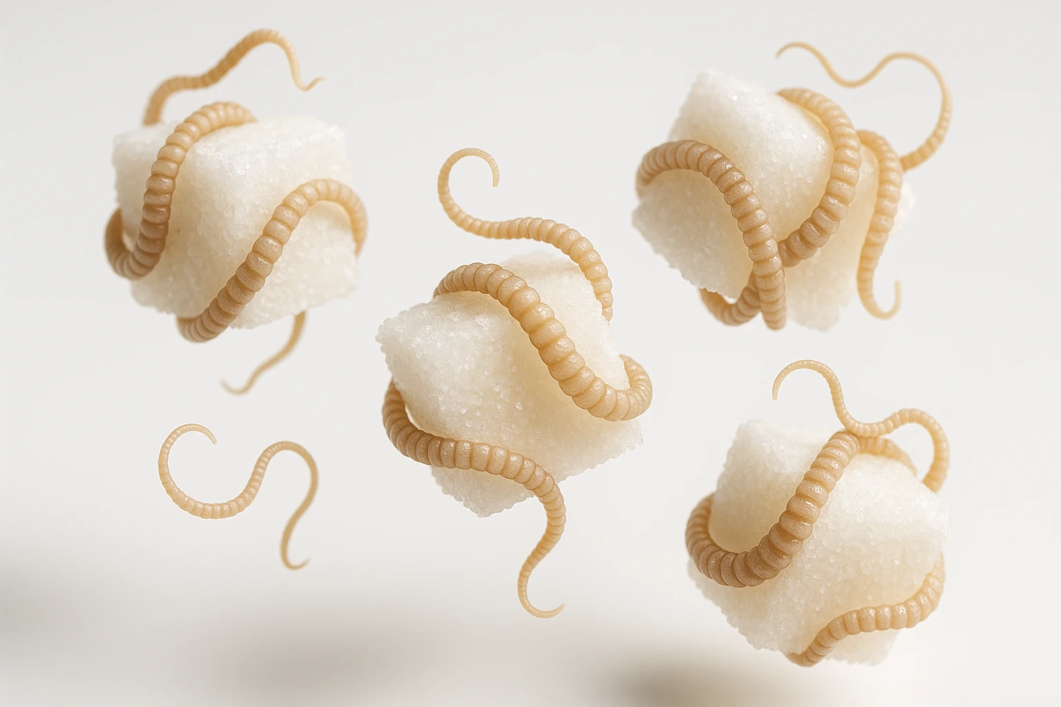 ZOLLETTE DI ZUCCHERO CON PARASSITI TIPO LA TENIA ARROTOLATE INTORNO AD OGNI ZOLLETTA, FLUTTUANO IN ARIA SU SFONDO BIANCO, IPERREALISTICO 4K emoji