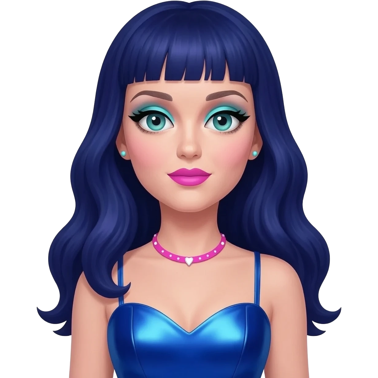 Katy Perry with teal eyes, long indigo hair, periwinkle eyeshadow, pink lipstick, cobalt blue metallic sweetheart dress, pink necklace and short earrings emoji