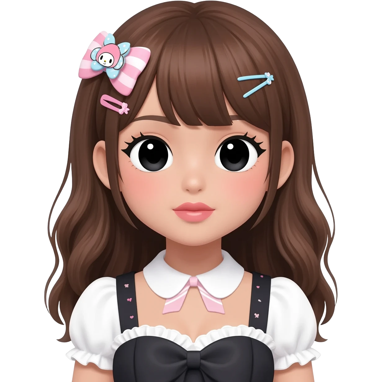 Gyaru makeup, my melody hairclip, cutecore, doll eyes, Doll, big chest, dark brown skin, with half up and half down brown hair hair style, black cute eyes, cute lips with Gyaru outfit emoji