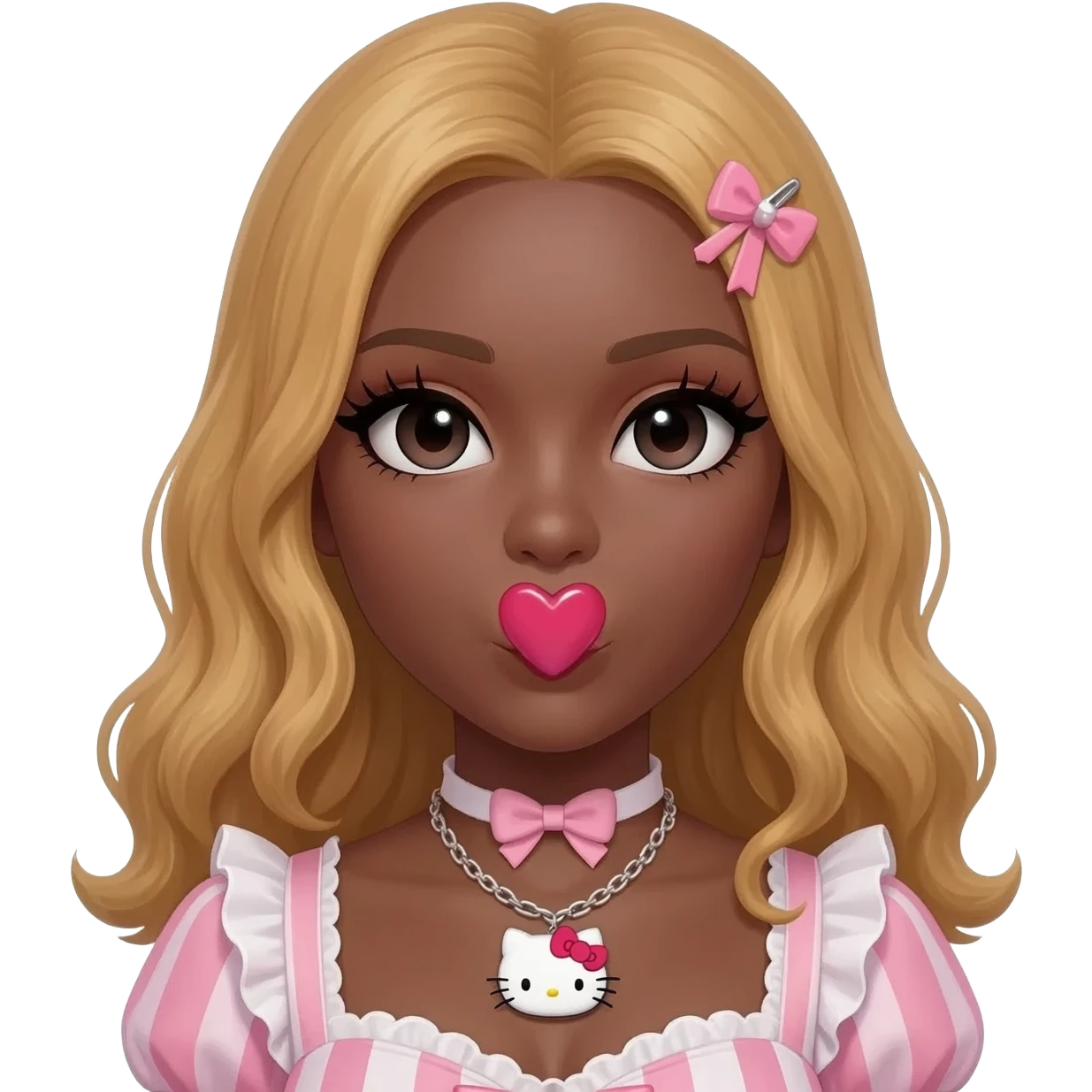 heart shaped lips, cute glossy lips, doll eyes with long lashes, dark brown skin, honey blonde hair, big chest, hello kitty necklace, one bow clip, bimbocore outfit emoji