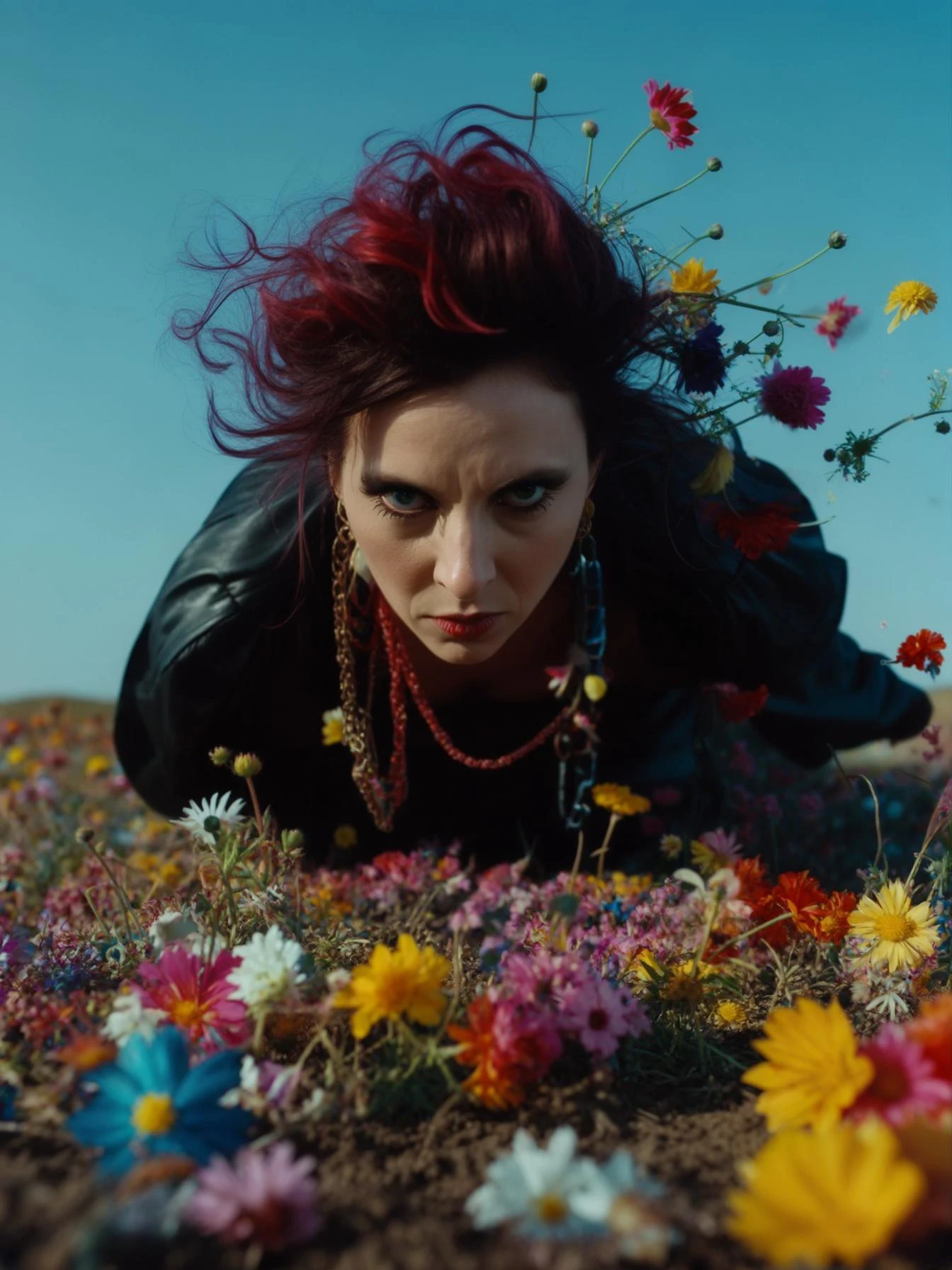 Closeup photo of a woman falling down (almost hit the ground) around colorfull flowers wearing alternative fashion, blue sky minimalistic background emoji