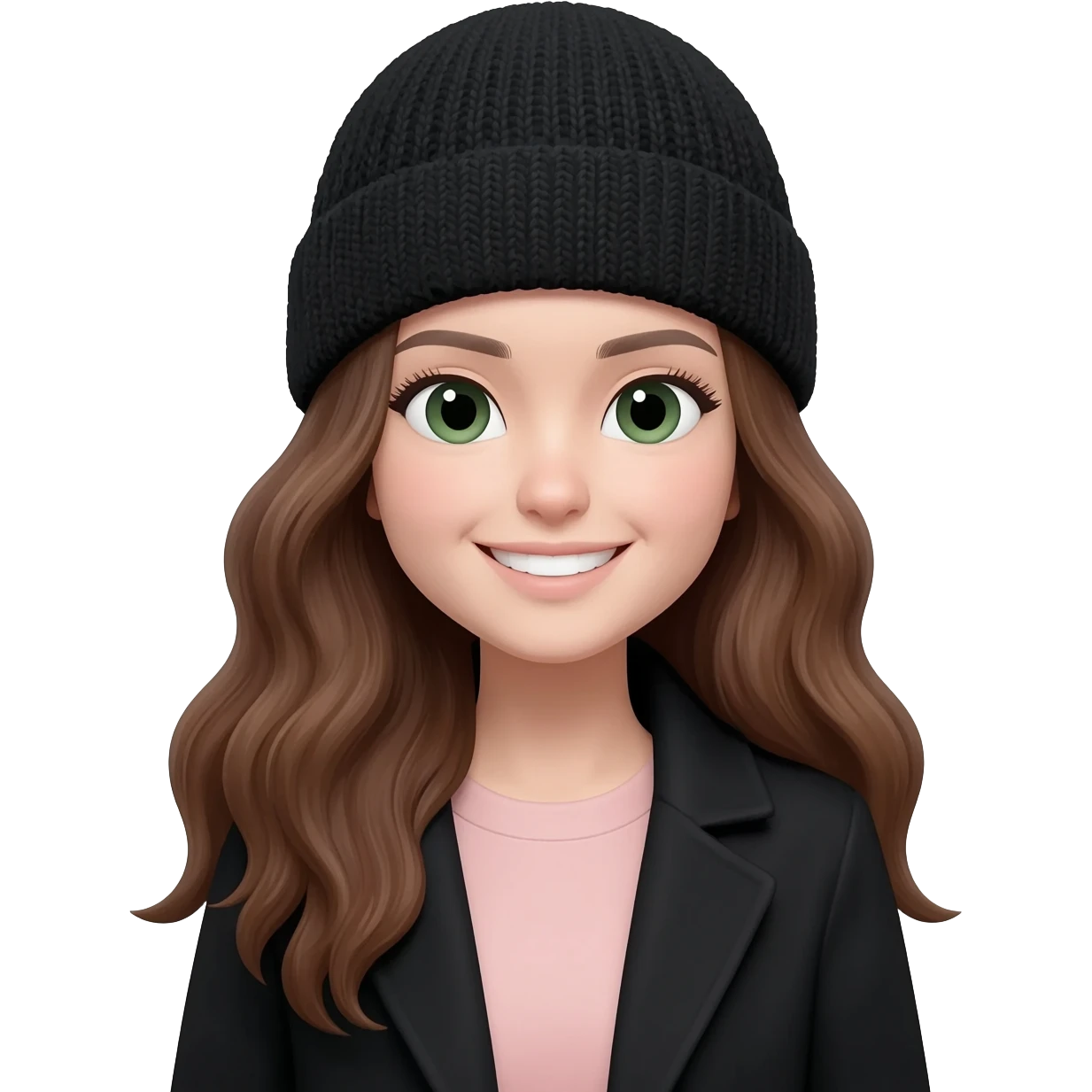 Create an emoji illustration of a smiling young woman with long, wavy brown hair and fair skin. Her face shape is oval and slightly round. She is wearing a black knit beanie and a black coat over a soft light pink top. She has dark green eyes and a natural smile. emoji