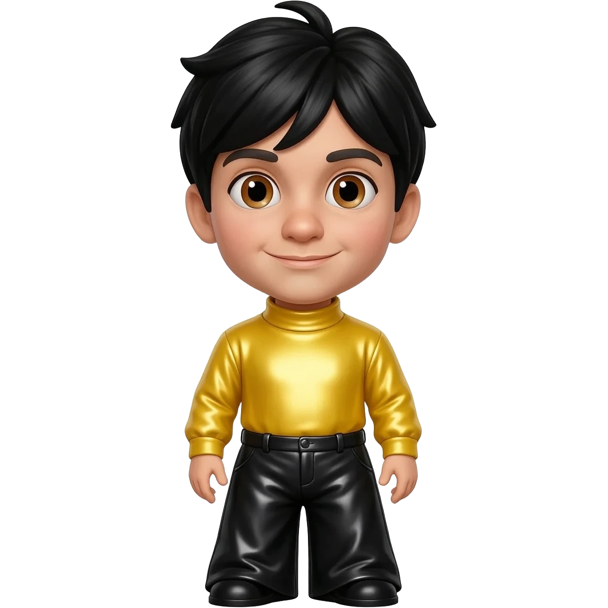 Greg Wiggle from The Wiggles with hazel eyes, black hair, yellow metallic turtleneck shirt, black metallic wide leg pants emoji