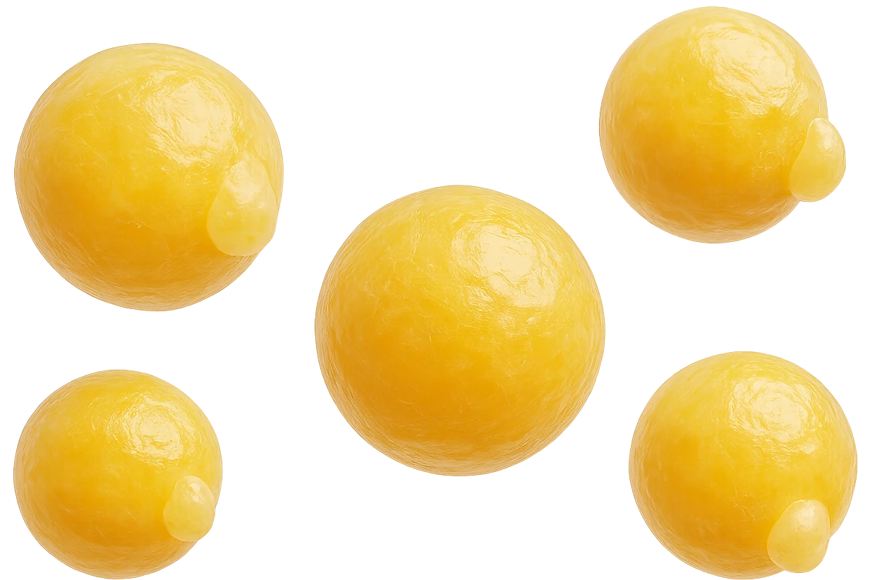 CINQUE CELLULE DI GRASSO GIALLE ANATOMICHE REALISTICHE FLUTTUANO IN ARIA, iperrealistico 4k, ISOLATA SU SFONDO BIANCO emoji