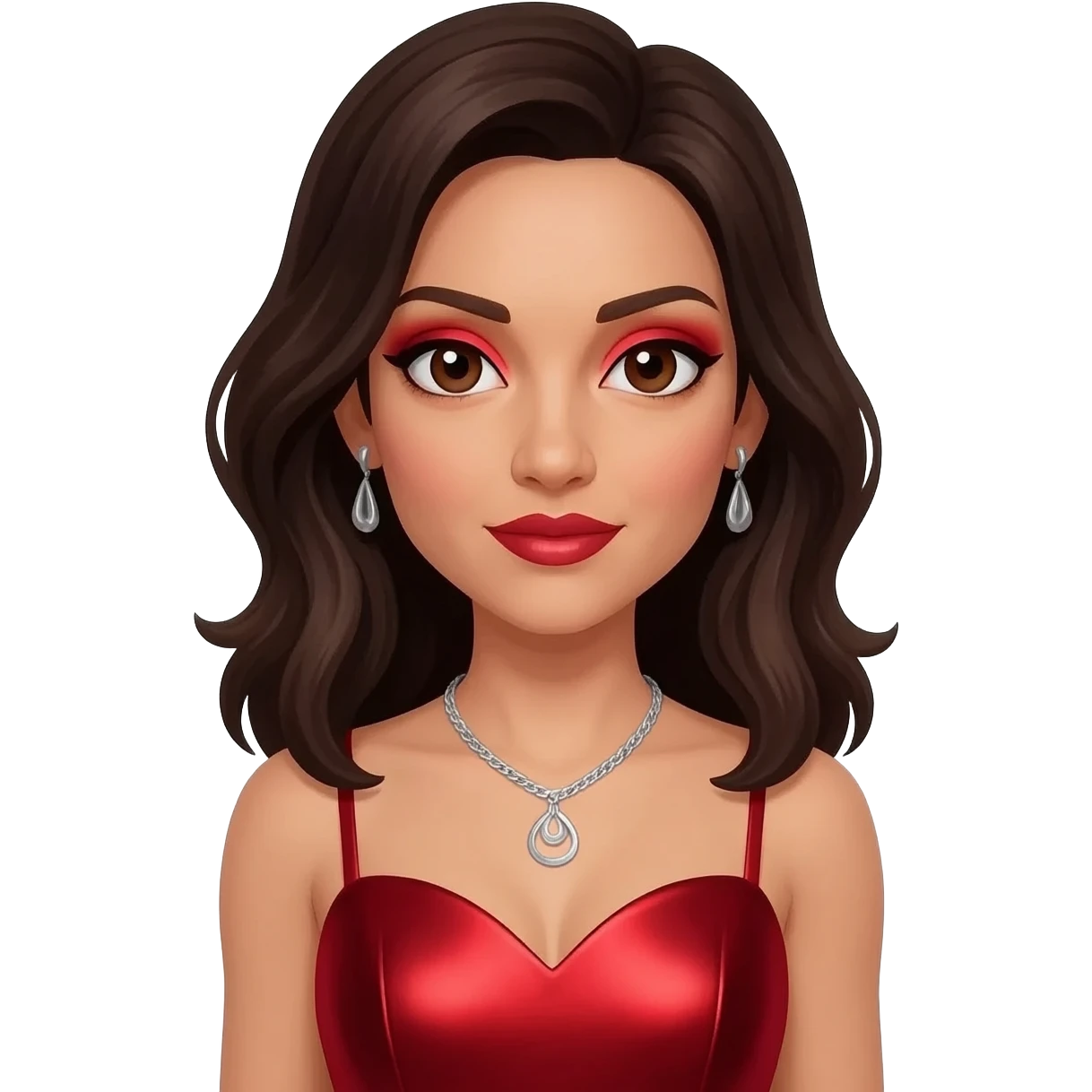 Naturi Naughton from 3lw with dark brown eyes, dark brown hair, red eyeshadow and lipstick, red metallic sweetheart dress, silver necklace and earrings emoji