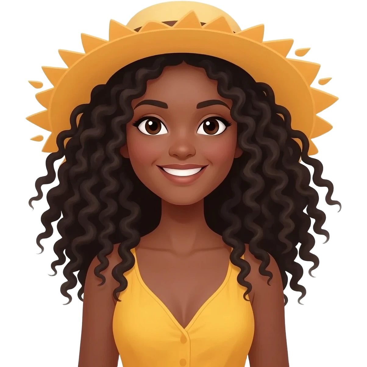 Génère un emoji avec un chapeau en forme de soleil et souriant. Une femme noir au cheveux crépu emoji