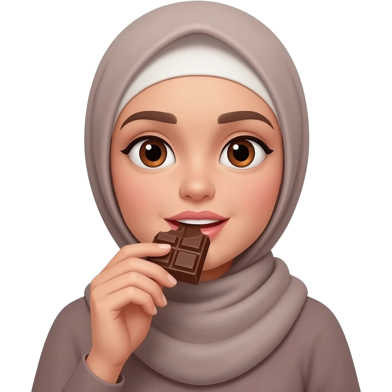 Çikolata yiyen, kafasında hijap olanbeyaz tenli kahverengi gözlü kadın emoji