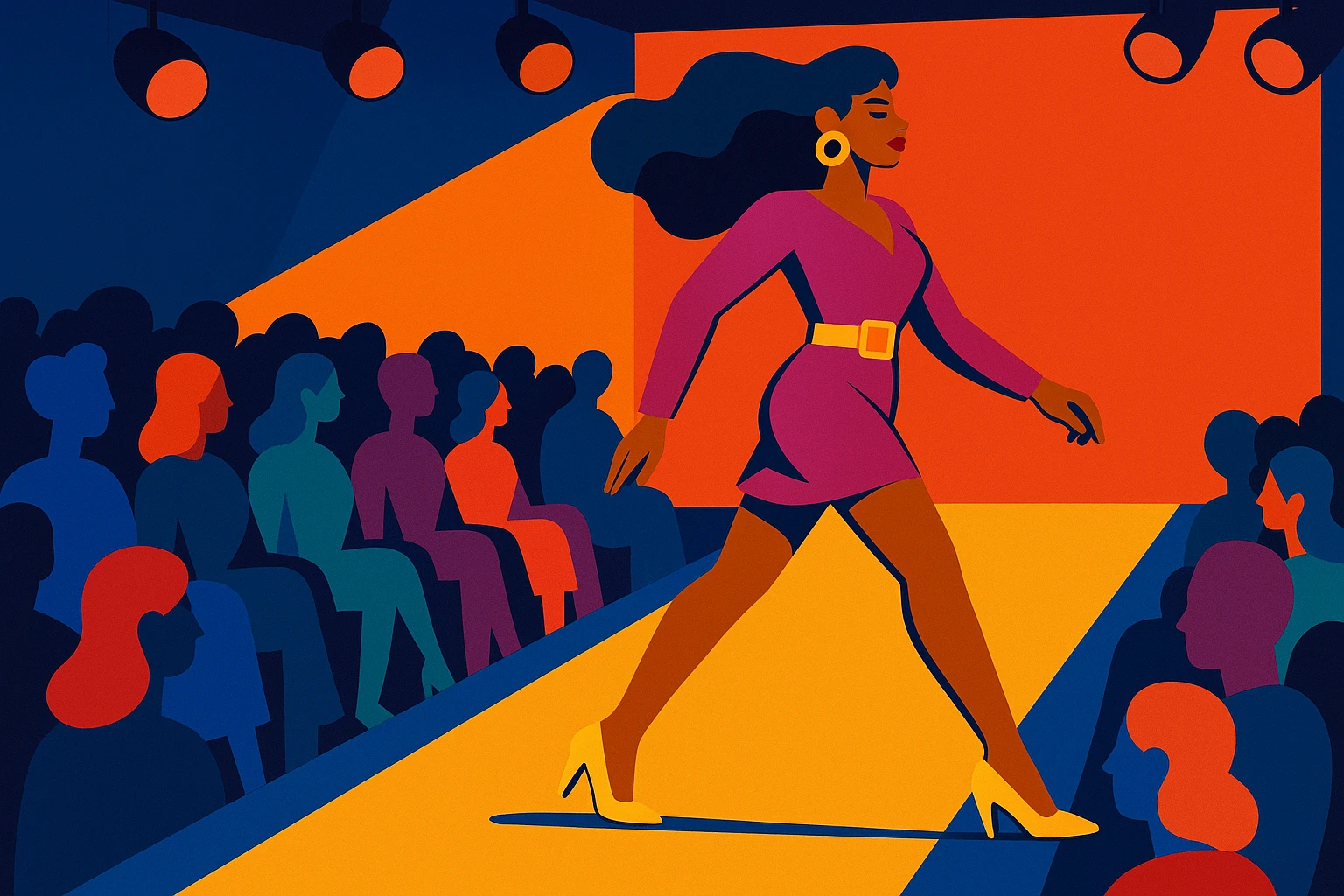 animated woman walking on a runway, horizontal composition, vibrant colors, dynamic pose, fashion show atmosphere emoji