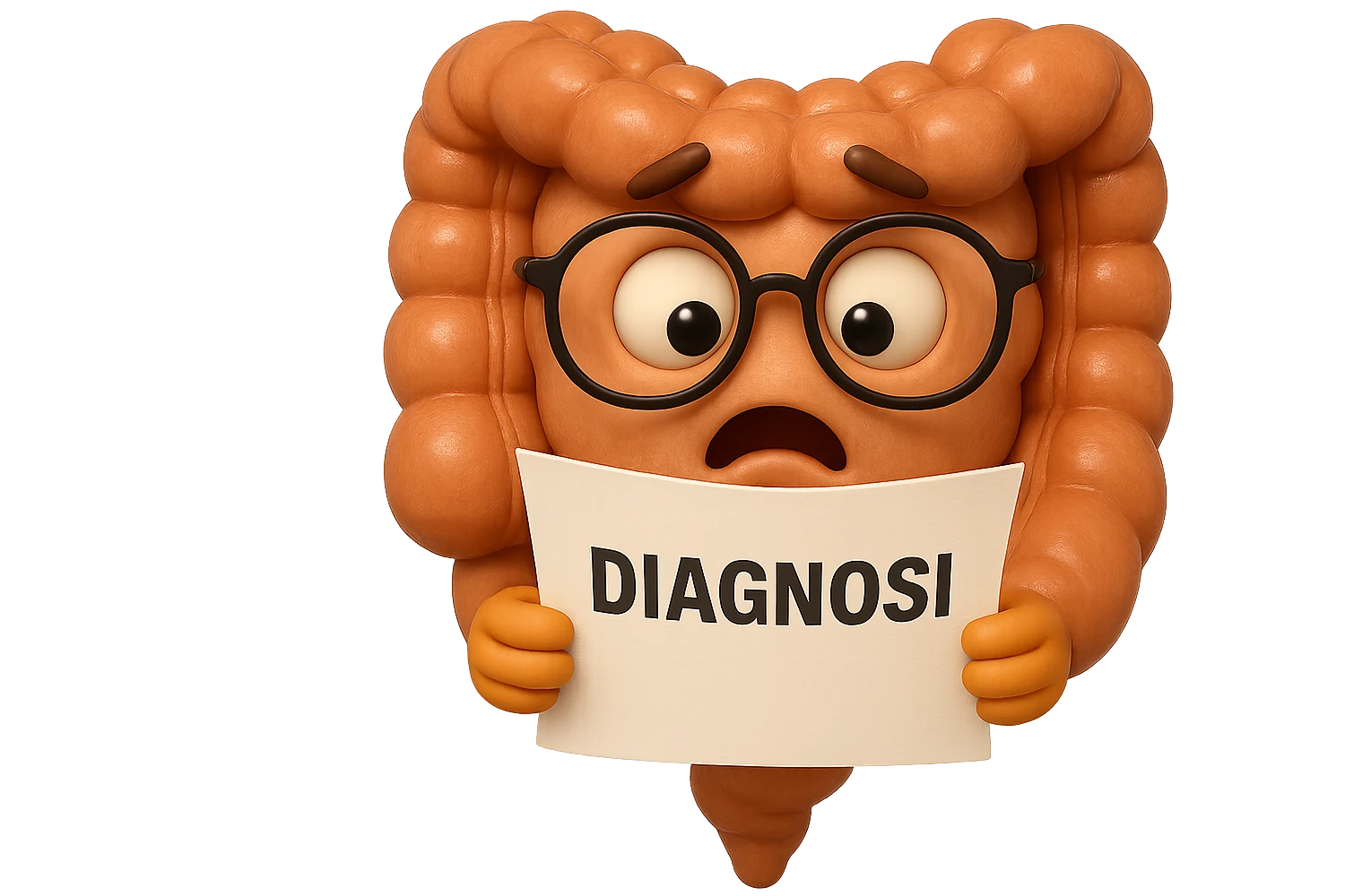 EMOJI STILE IPHONE DI UN INTESTINO CON GLI OCCHIALI CHE LEGGE UN FOGLIO CON LA SCRITTA DIAGNOSI, ESPRESSIONE STUPITA IN VOLTO, IPERREALISTICO 4K emoji