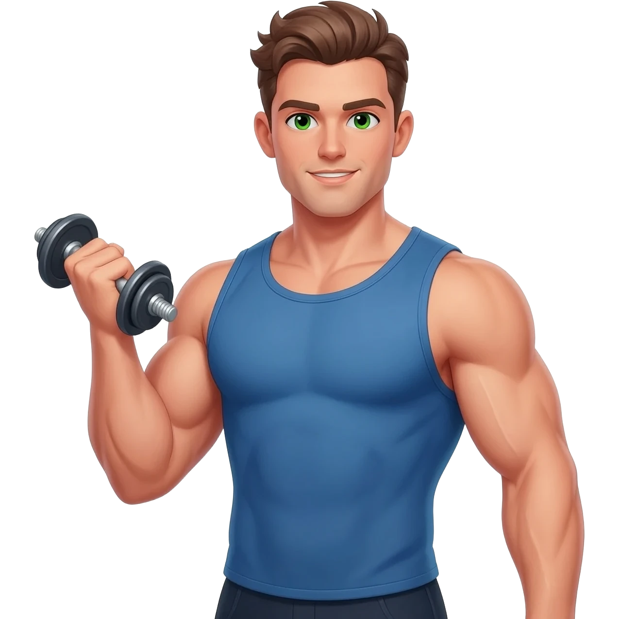 White beautiful fitness man with brown hair and green eyes with dumbbells in their hands emoji