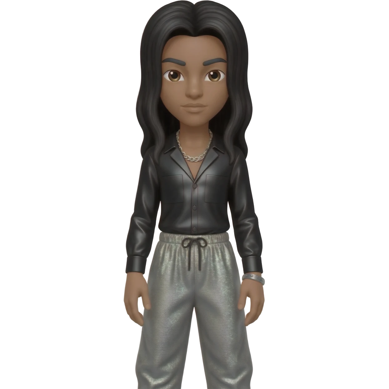 Bizzy Bone with long black hair, black metallic shirt, gray metallic harem pants, silver necklace emoji