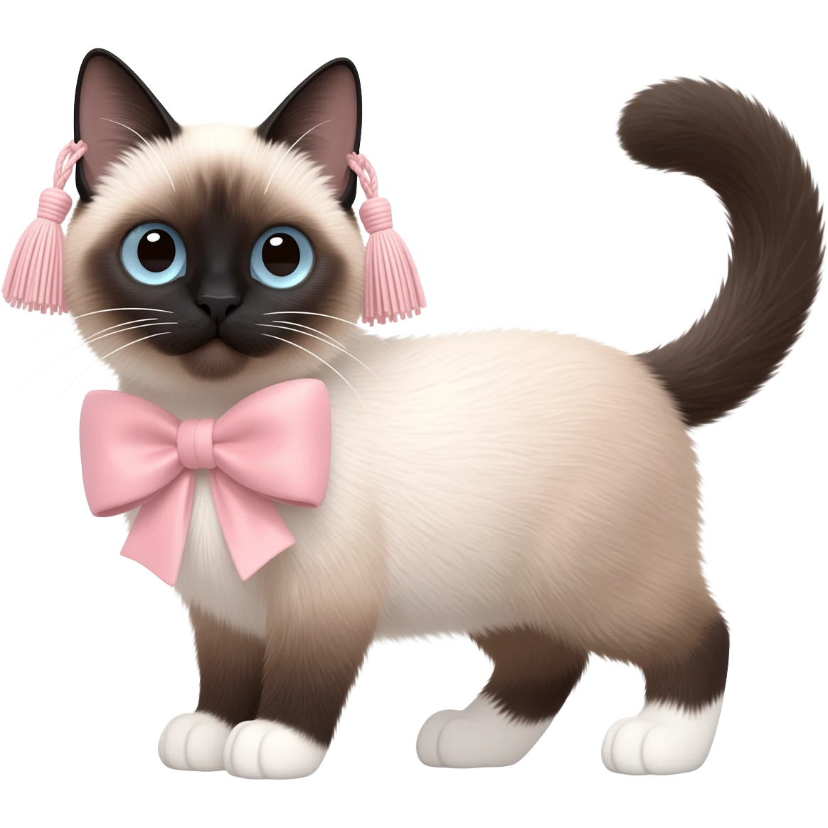 A fluffy Siamese cat with tassels on its ears and white paws, with a light pink bow. emoji