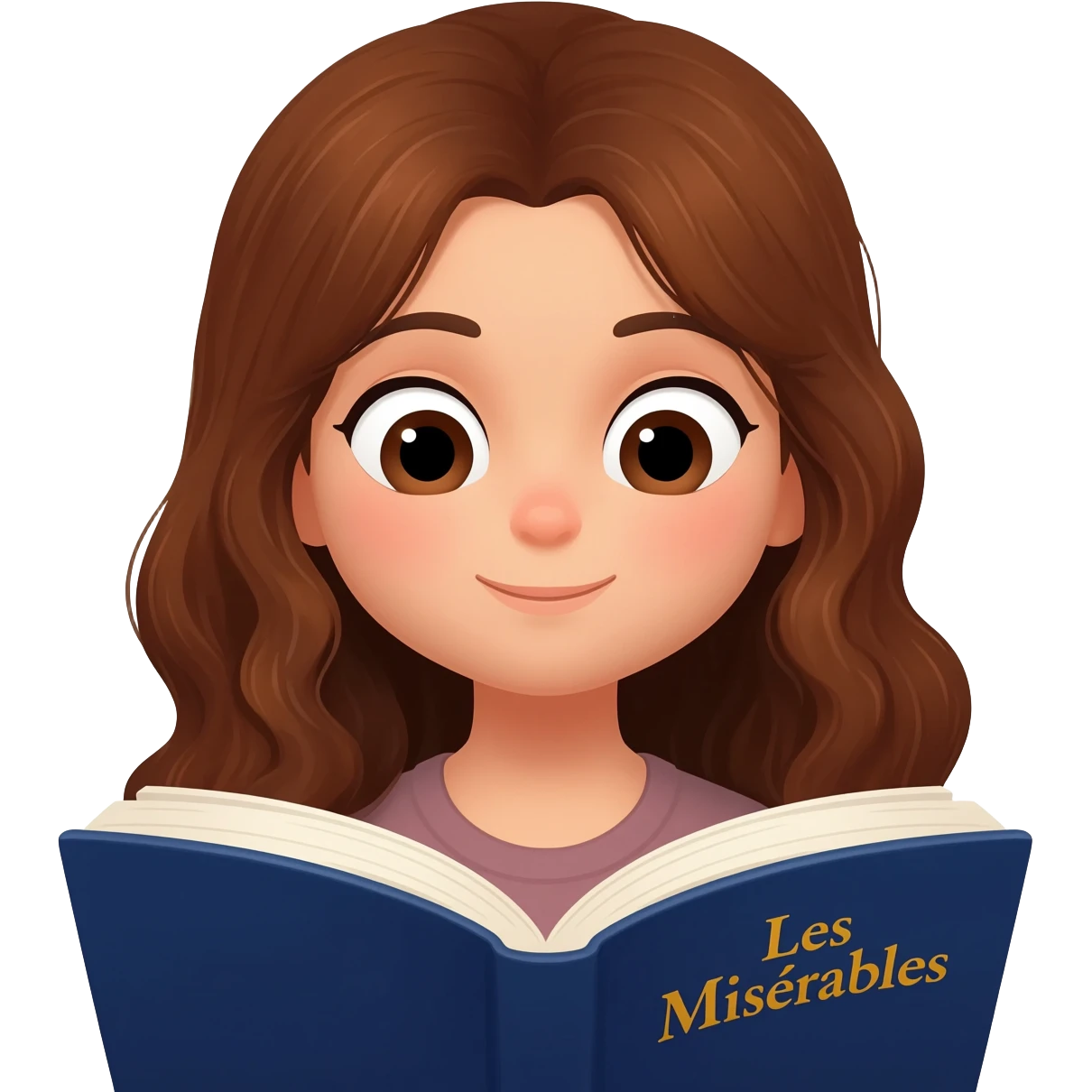 white happy long haired brunette girl reading Les mis emoji