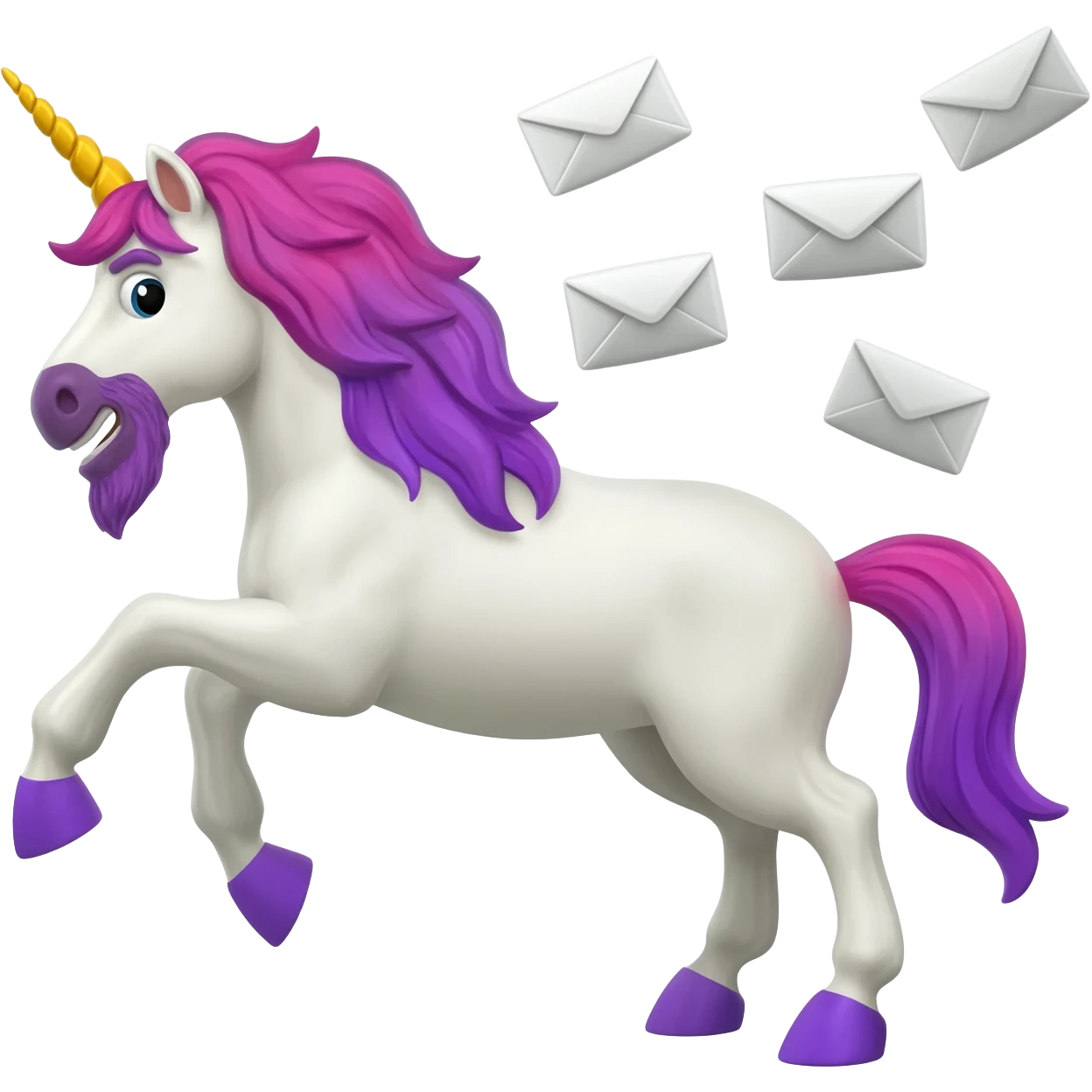 a magestic unicorn with a beard attacking email that are being thrown at him emoji