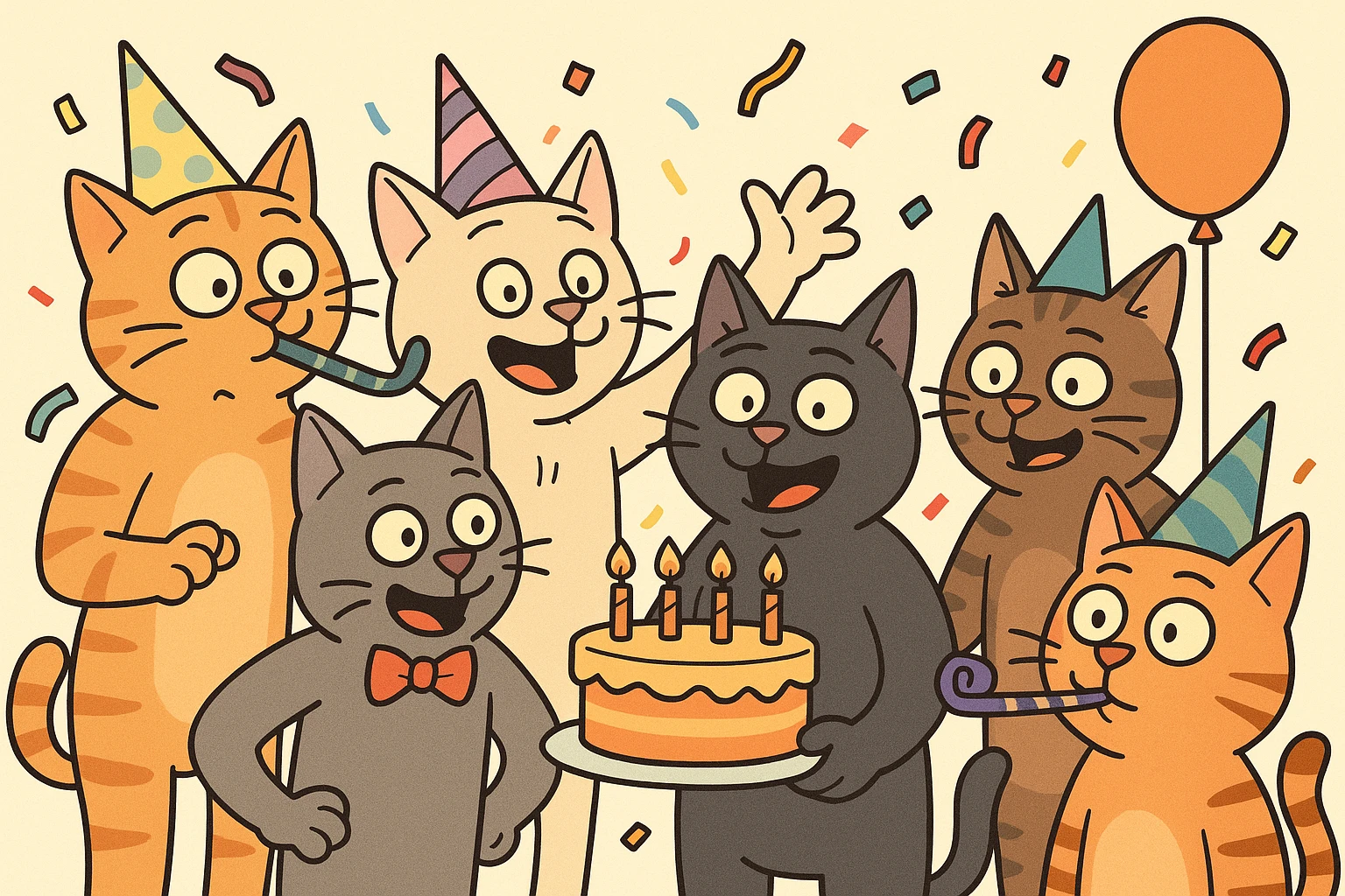 six male cats celebrating at a birthday party, festive, colorful, playful, each cat with a unique party accessory, cartoon style emoji