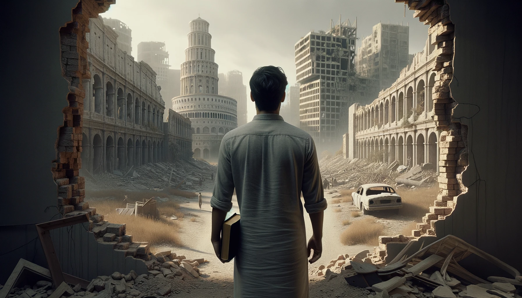 UOMO DI SPALLE DAVANTI AD UNA CITTà SMANTELLATA SENZA MURA CON UNA BIBBIA IN MANO, GUARDA LA CITTà, IPERREALISTICO 4K emoji