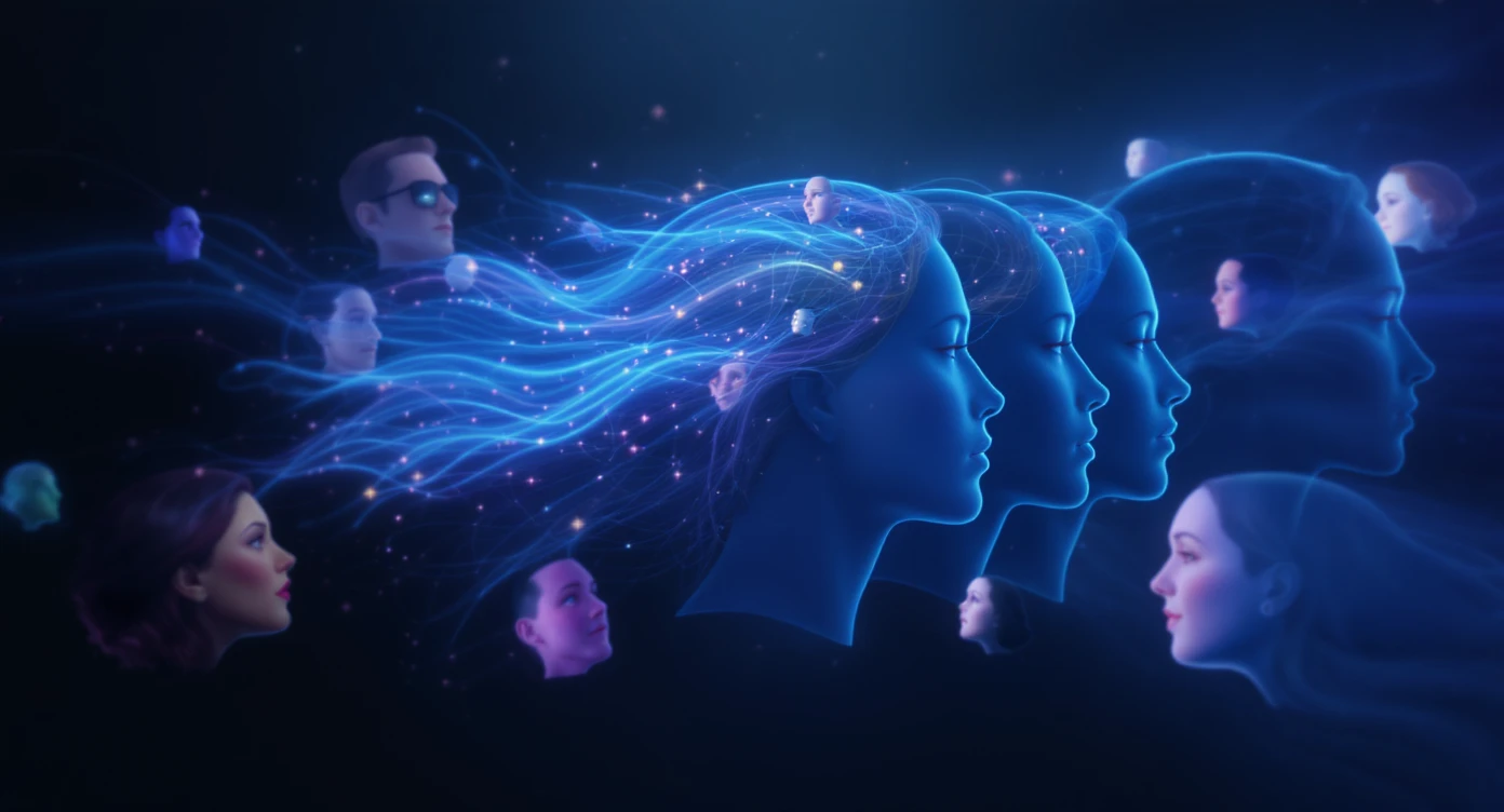 Futuristic Graphic of a flying aroundg profiles with 3d disney style faces of people (Gradient black and blue background) emoji