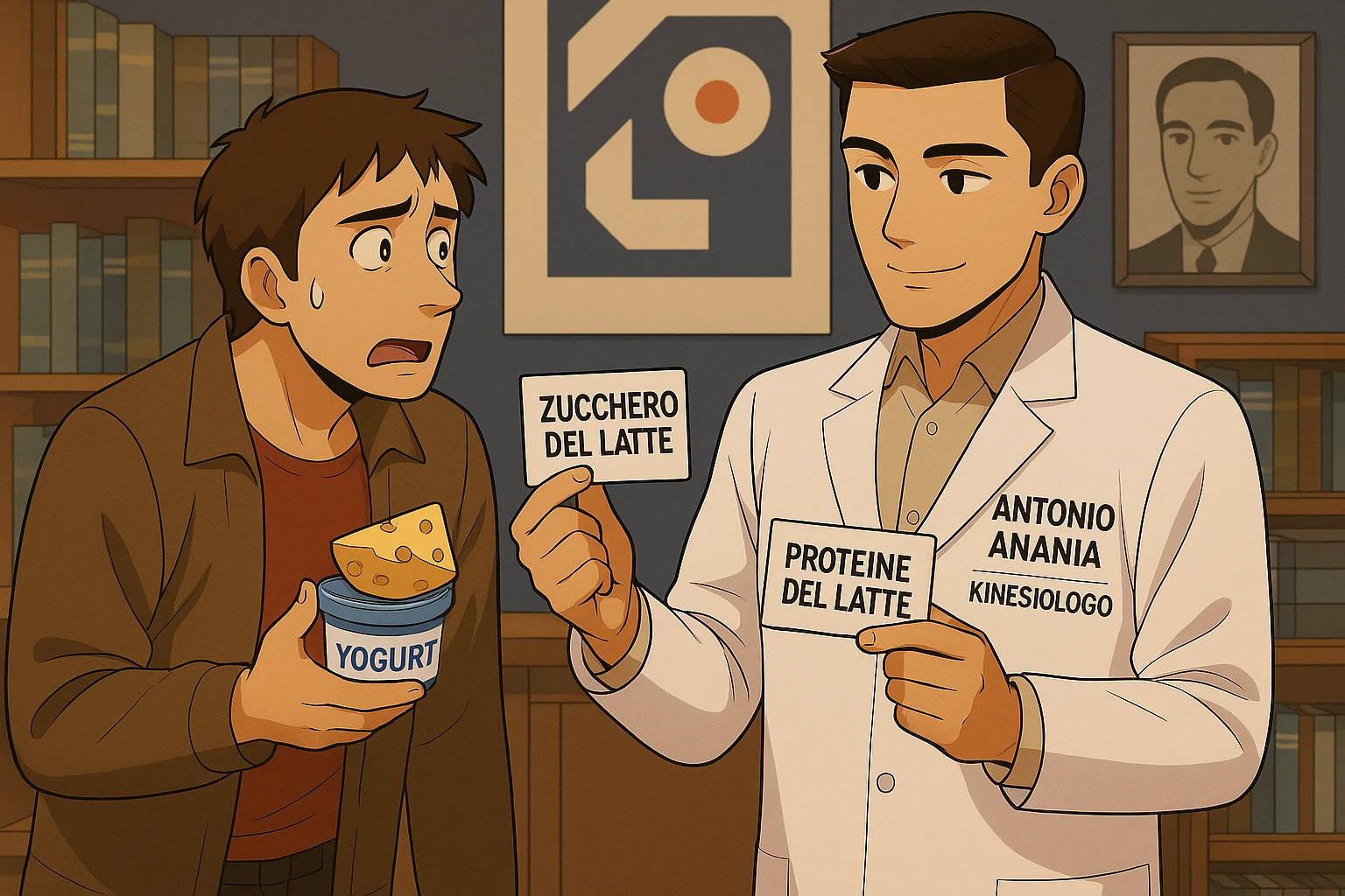 fai un webtoon manga a colori con questo stile, in cui un uomo fa una domanda al kinesiologo con il camice bianco (fagli anche la scritta "ANTONIO ANANIA" SUL CAMICE, l'uomo chiede una cosa mostrando un formaggio e uno yogurt al kinesiologo con il camice, IL KINESIOLOGO annuisce e SPIEGA ALL'UOMO UNA cos. L'UOMO ha un ESPRESSIONE CONFUSA IN VOLTO. non fare i fumetti però, fai solo in modo che sembri stiano parlando emoji