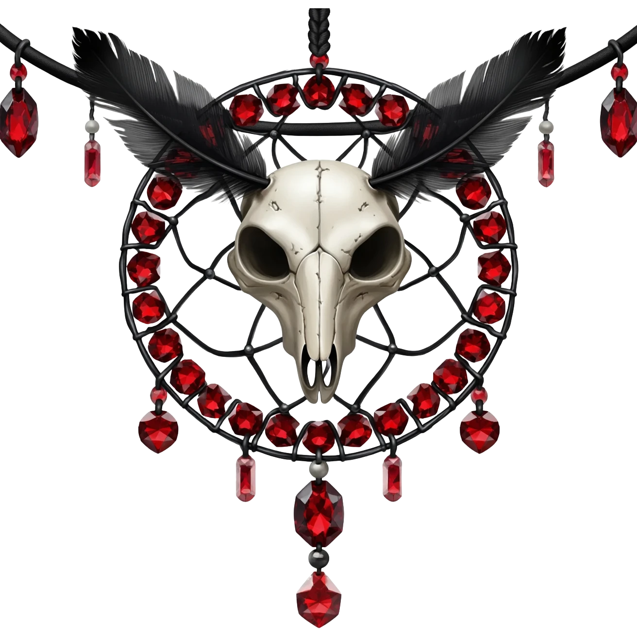 Blood-red, bloody, obsidian-black, edgy, dream catcher, red gemstones, black wire, black threads, white animal skull, white feathers, badass, evil, gorgeous aesthetic, gothic decoration emoji