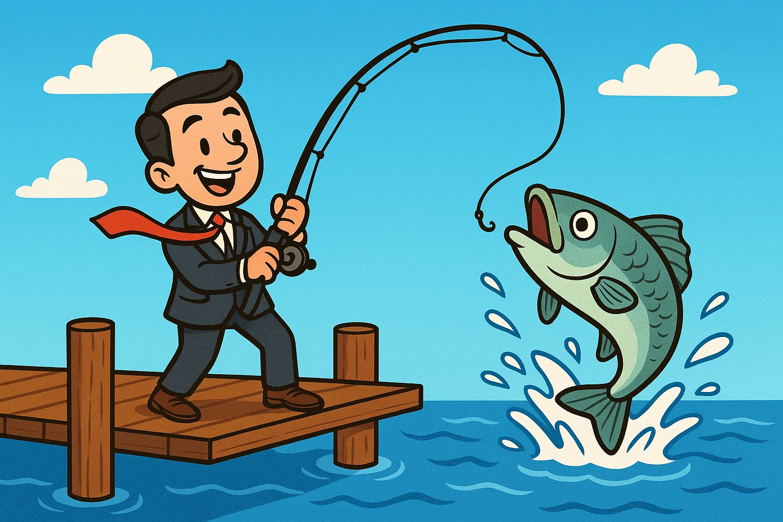 cartoon businessman fishing from a dock, tie fluttering, catching a big fish emoji