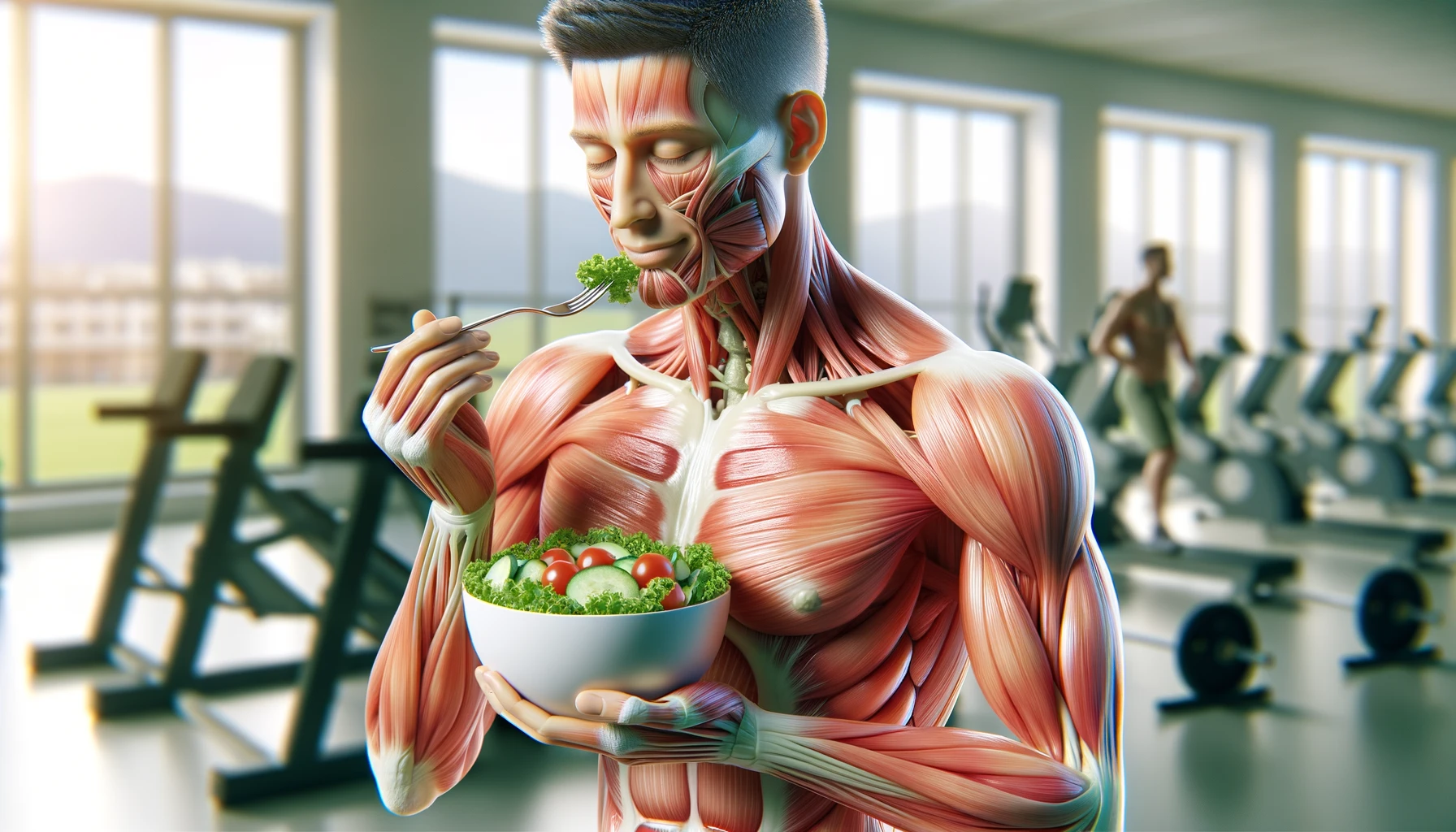 corpo umano anatomico con capelli corti che mangia un insalata con espressione serena in volto, organi sani in evidenza, sullo sfondo una palestra sfocata, iperrealistica 4k, isolato su sfondo bianco emoji