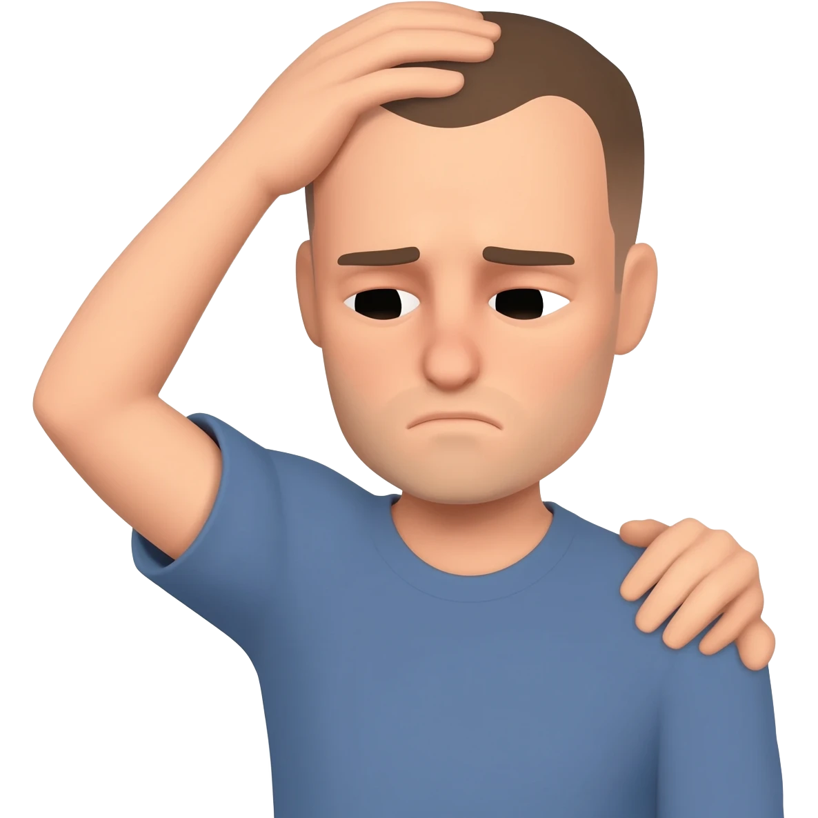A man who is depressed with his left arm draped over the top of his head so the inside of his left elbow is on the very top of his head where hair grows from and his left hand is touching his right shoulder emoji