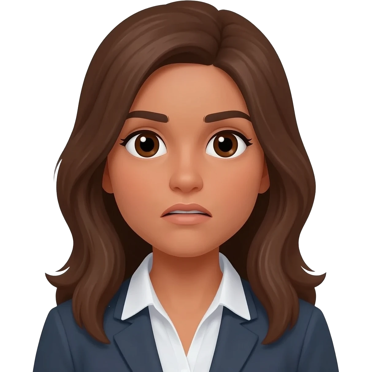 24 YEARS OLD questioning face, LONG BROWN HAIR, TAN SKIN, DARK BROWN EYES, TEACHER emoji
