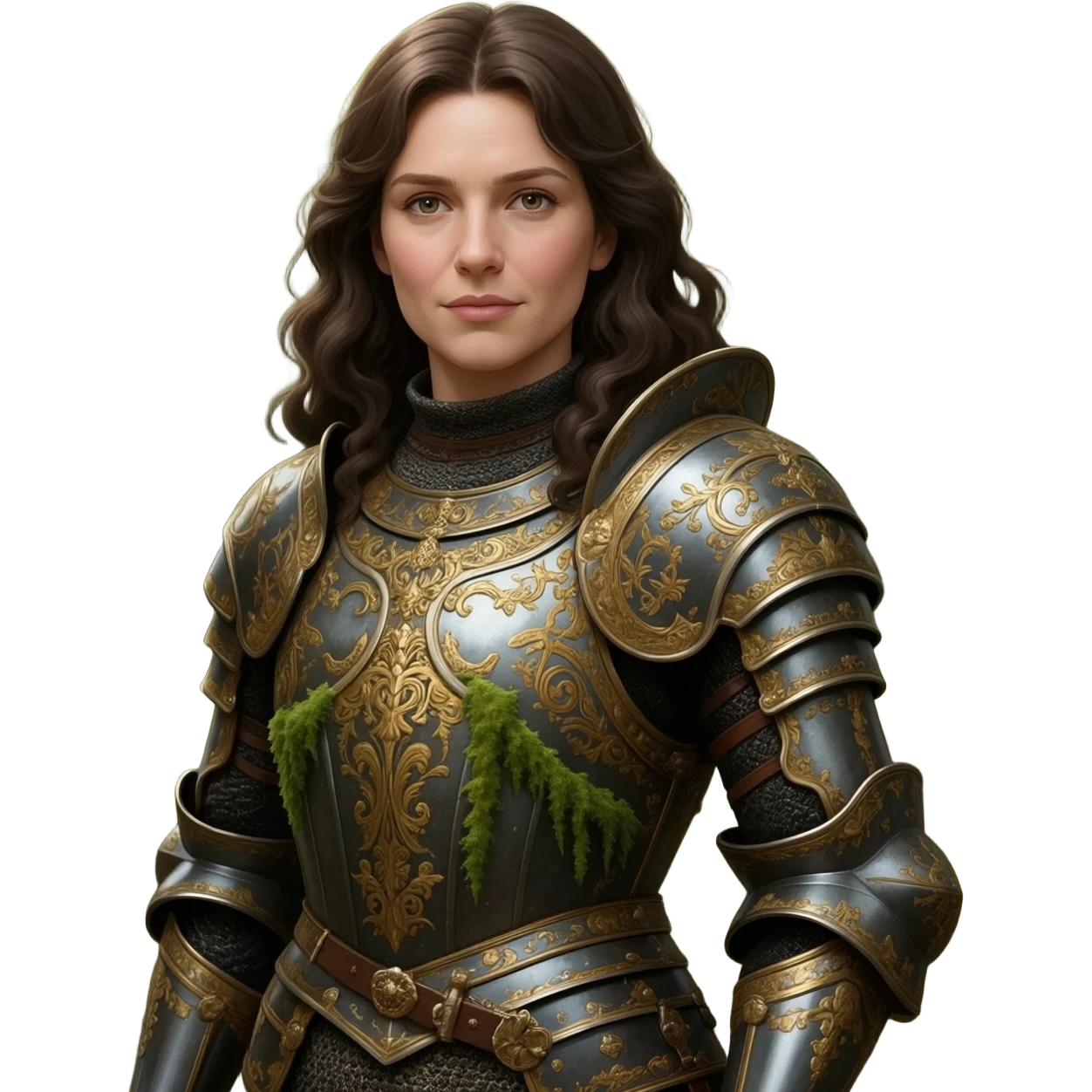 realistic cinematic singer Cher in baroque styling with armor in a forest emoji