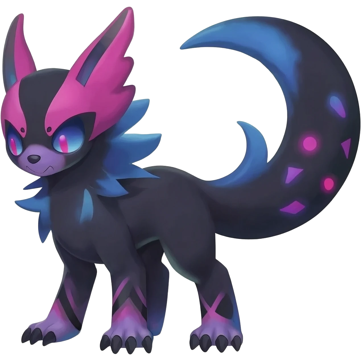 Rare realistic dark edgy badass epic pretty beautiful handsome gorgeous aesthetic colorful vibrant Vernid-Trico-species-Fakemon-creature by LiLaiRa, 4 legs, 1 tail, random markings, (full body) emoji