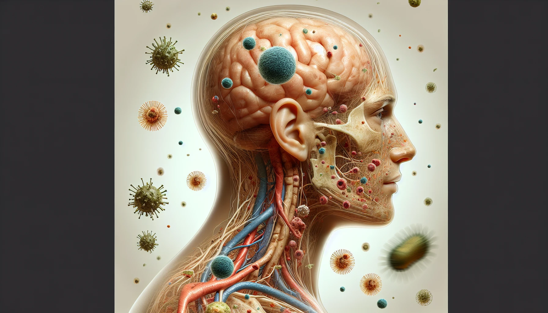 corpo umano anatomico di profilo con virus e parassiti che cercano di attaccarlo , sfondo neutro chiaro, iperrealistico 4k emoji