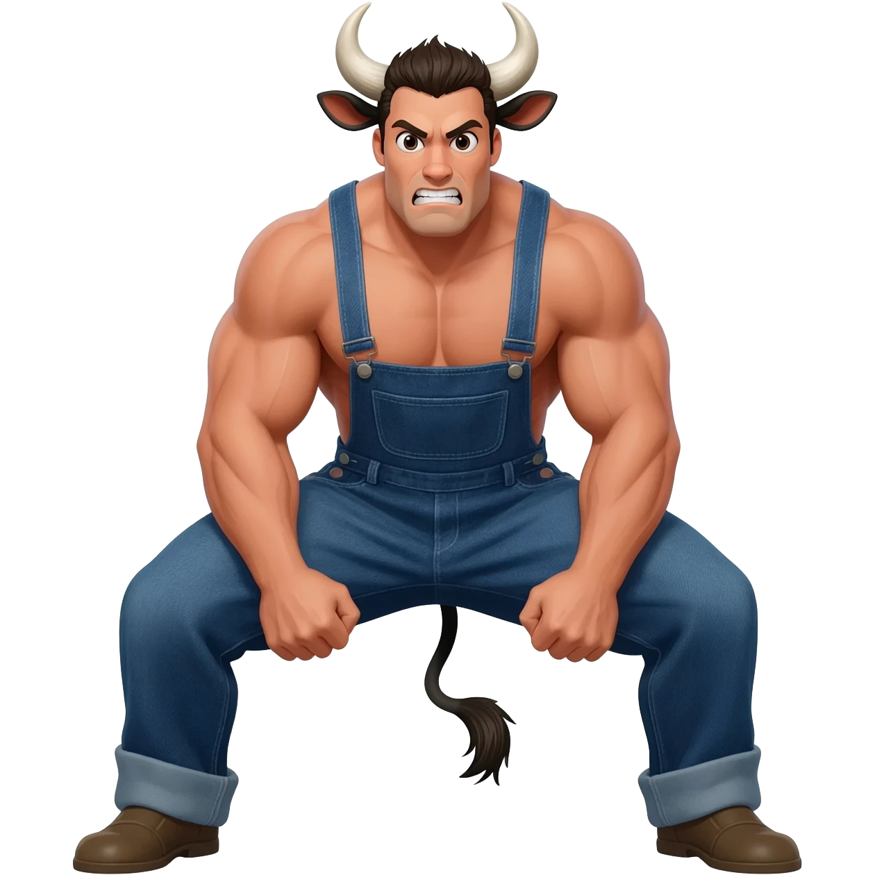 furious country handsome hairy muscular man with large breasts with bull horns and cow ears and cow tail dressed in denim overalls squats legs vide open emoji