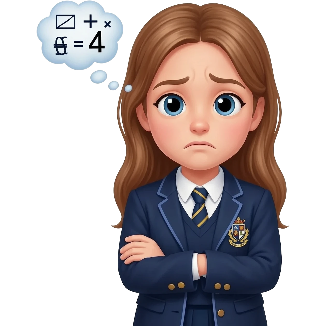girl from river primary school Kent wearing school uniform shrugging with thought bubble containing mathematical symbols. Girl looks confused emoji