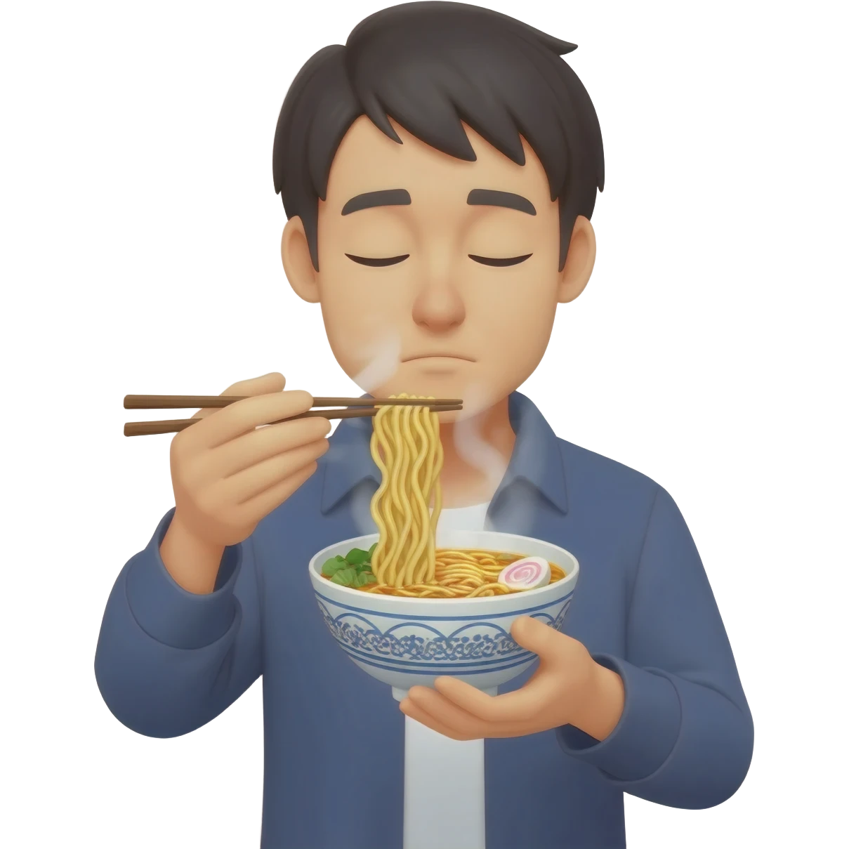 Japanese guy with eyes closed eating noodles emoji